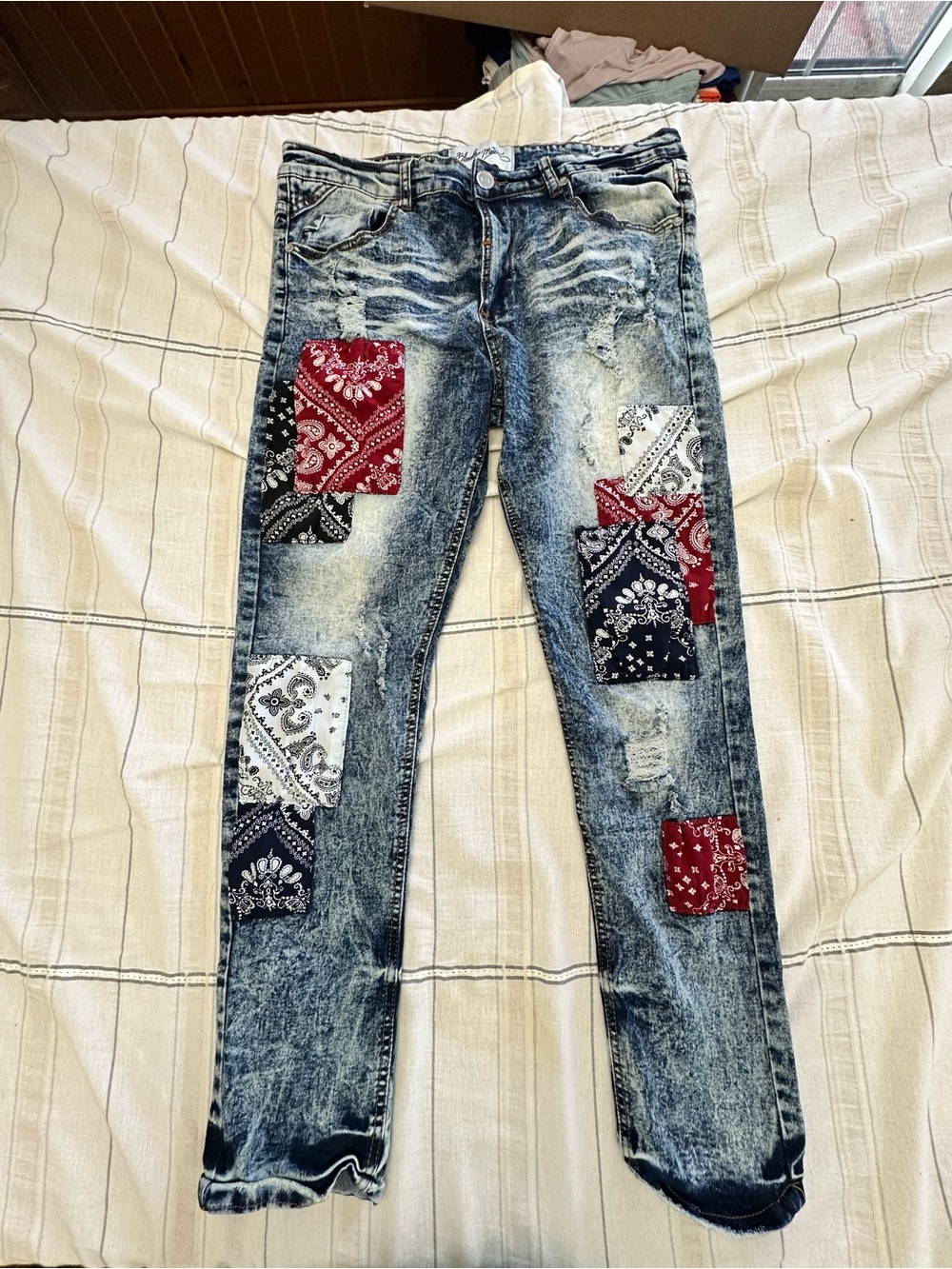 Men’s Acid Wash Patchwork Jeans - Red & Black Bandana Detail